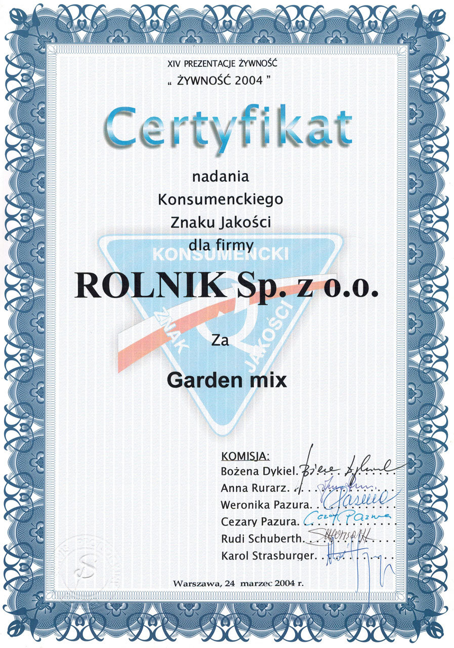 Certyfikat nadania Konsumenckiego Znaku Jakości za Garden Mix