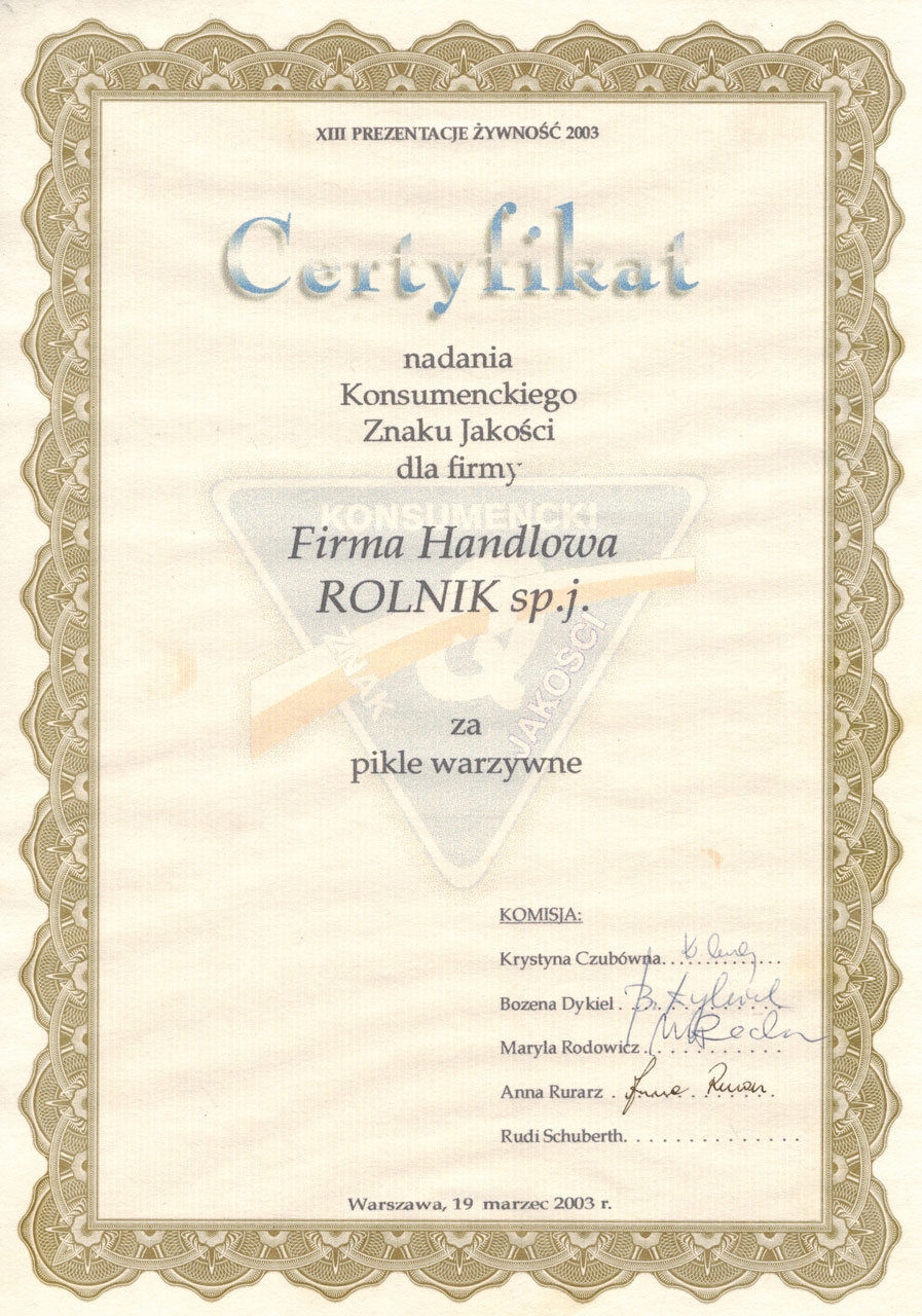 Certyfikat nadania Konsumenckiego Znaku Jakości za Pikle