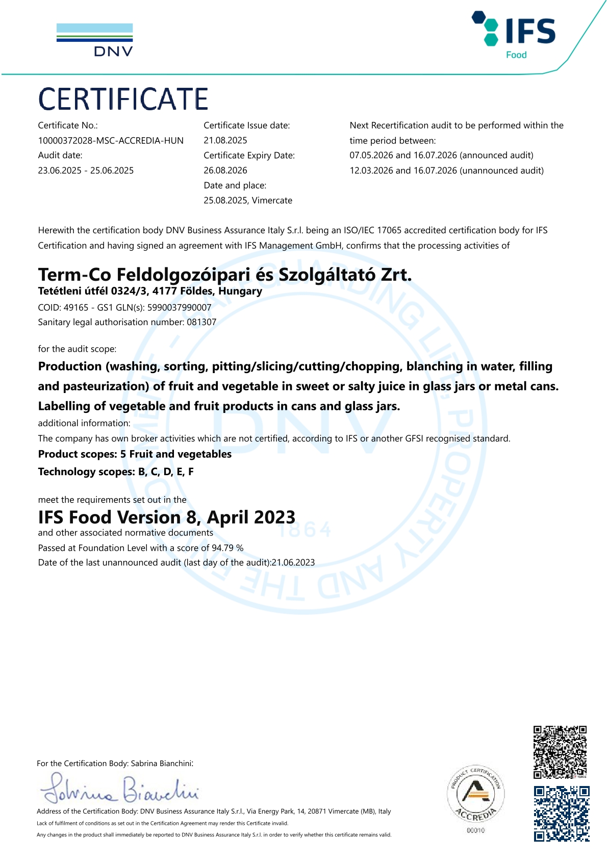 Certyfikat IFS Food dla Term-Co, ważny do sierpnia 2026 roku